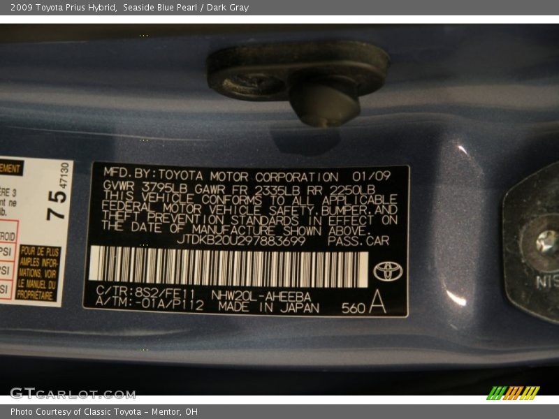 Seaside Blue Pearl / Dark Gray 2009 Toyota Prius Hybrid