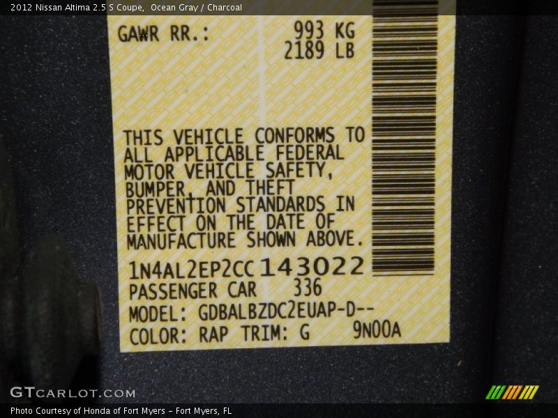 Ocean Gray / Charcoal 2012 Nissan Altima 2.5 S Coupe