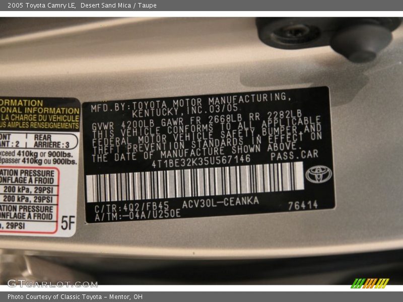 2005 Camry LE Desert Sand Mica Color Code 4Q2