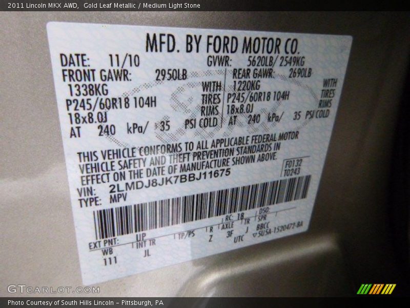 Gold Leaf Metallic / Medium Light Stone 2011 Lincoln MKX AWD