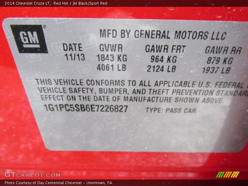 Info Tag of 2014 Cruze LT