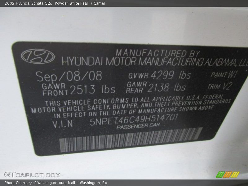 Powder White Pearl / Camel 2009 Hyundai Sonata GLS