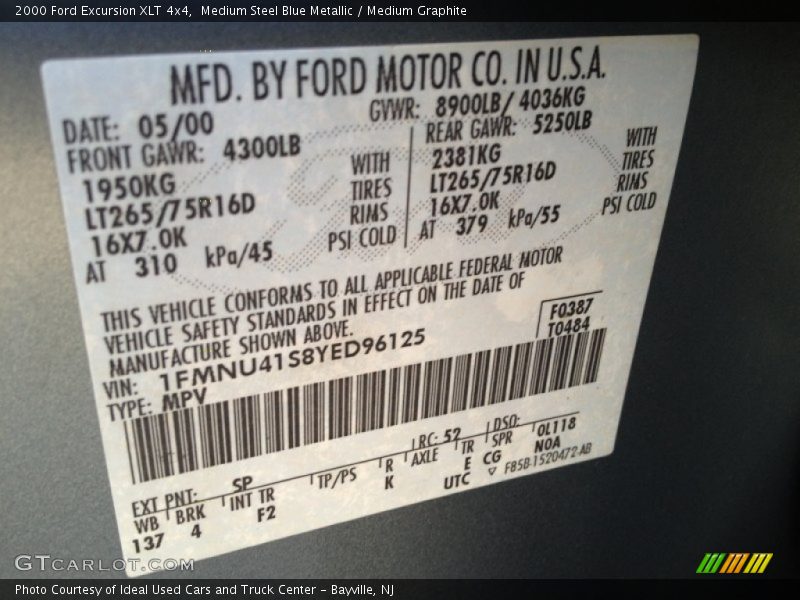 2000 Excursion XLT 4x4 Medium Steel Blue Metallic Color Code SP