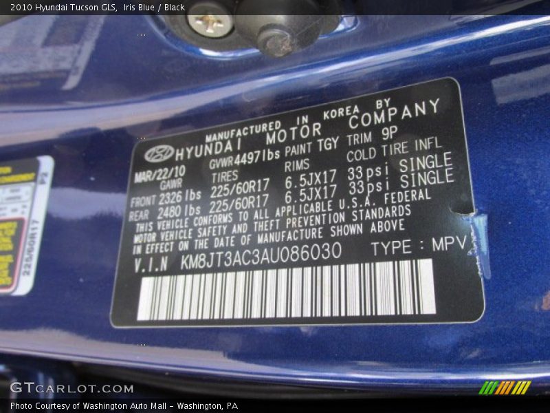 Iris Blue / Black 2010 Hyundai Tucson GLS
