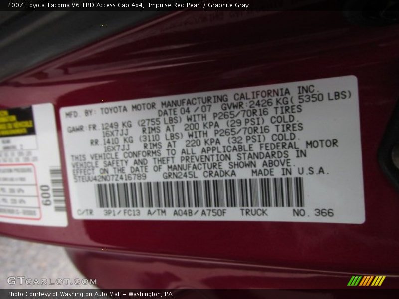 2007 Tacoma V6 TRD Access Cab 4x4 Impulse Red Pearl Color Code 3P1