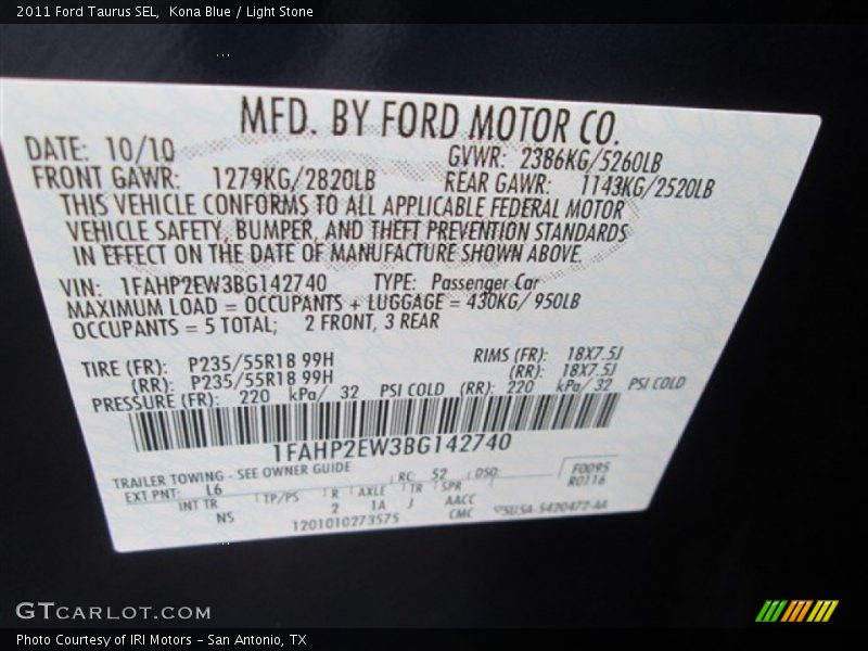 Kona Blue / Light Stone 2011 Ford Taurus SEL
