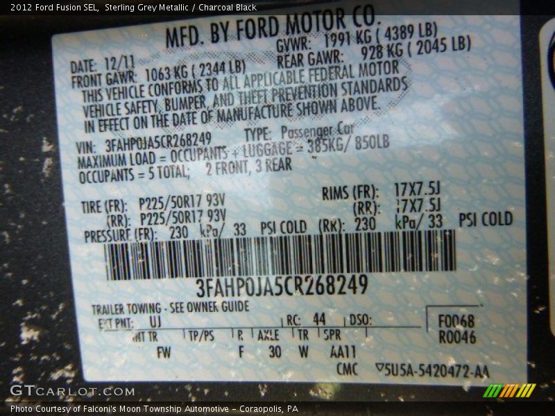 Sterling Grey Metallic / Charcoal Black 2012 Ford Fusion SEL