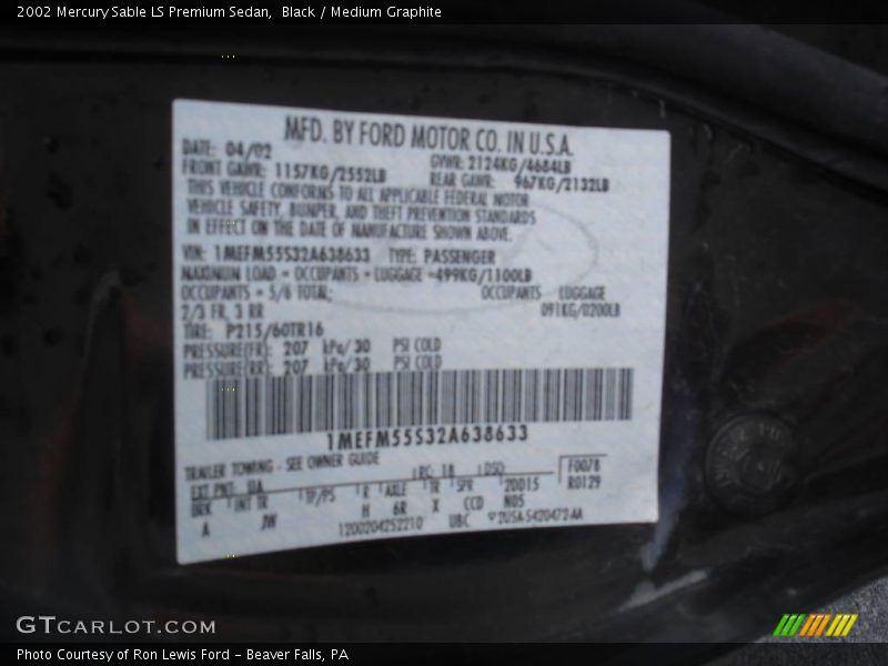 Black / Medium Graphite 2002 Mercury Sable LS Premium Sedan