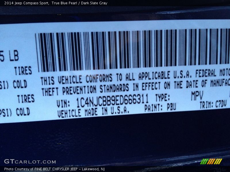 2014 Compass Sport True Blue Pearl Color Code PBU