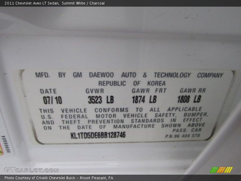 Info Tag of 2011 Aveo LT Sedan