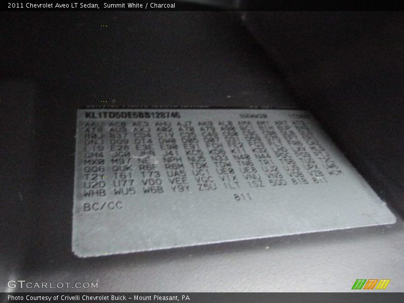 Info Tag of 2011 Aveo LT Sedan