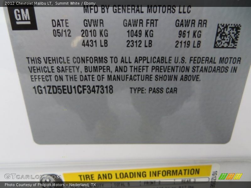 Summit White / Ebony 2012 Chevrolet Malibu LT