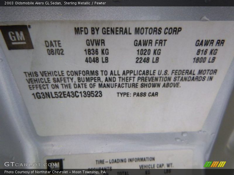 Info Tag of 2003 Alero GL Sedan