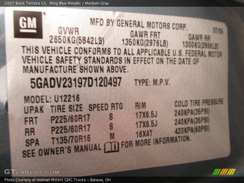 Ming Blue Metallic / Medium Gray 2007 Buick Terraza CX