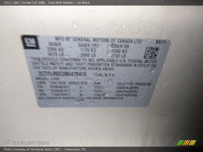 Gold Mist Metallic / Jet Black 2011 GMC Terrain SLE AWD