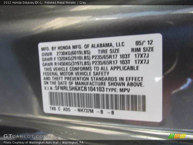 Polished Metal Metallic / Gray 2012 Honda Odyssey EX-L