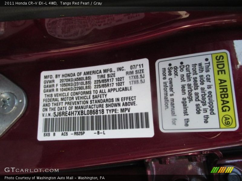 Tango Red Pearl / Gray 2011 Honda CR-V EX-L 4WD