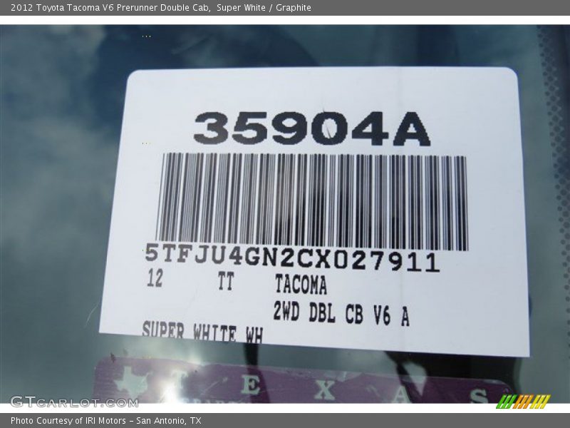 Super White / Graphite 2012 Toyota Tacoma V6 Prerunner Double Cab