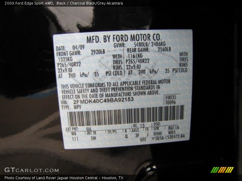 2009 Edge Sport AWD Black Color Code UA