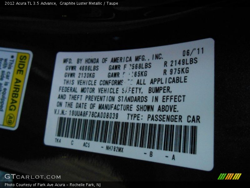 Graphite Luster Metallic / Taupe 2012 Acura TL 3.5 Advance