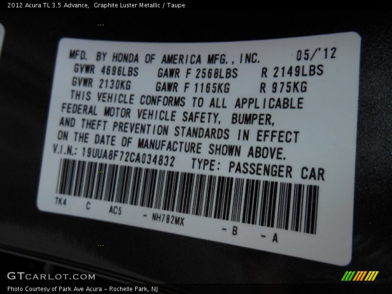 Graphite Luster Metallic / Taupe 2012 Acura TL 3.5 Advance