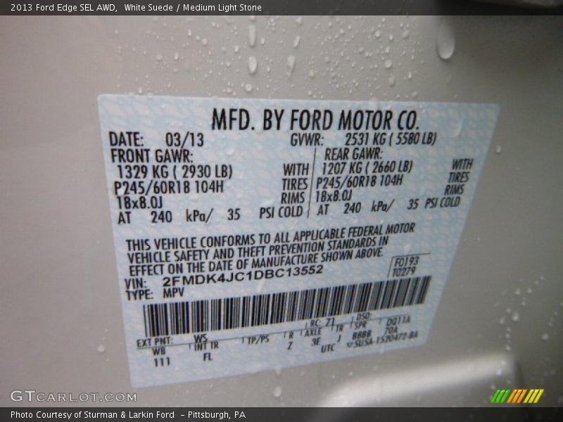 White Suede / Medium Light Stone 2013 Ford Edge SEL AWD