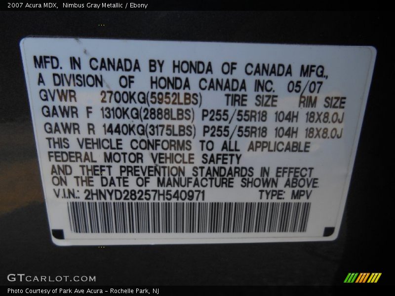 Nimbus Gray Metallic / Ebony 2007 Acura MDX