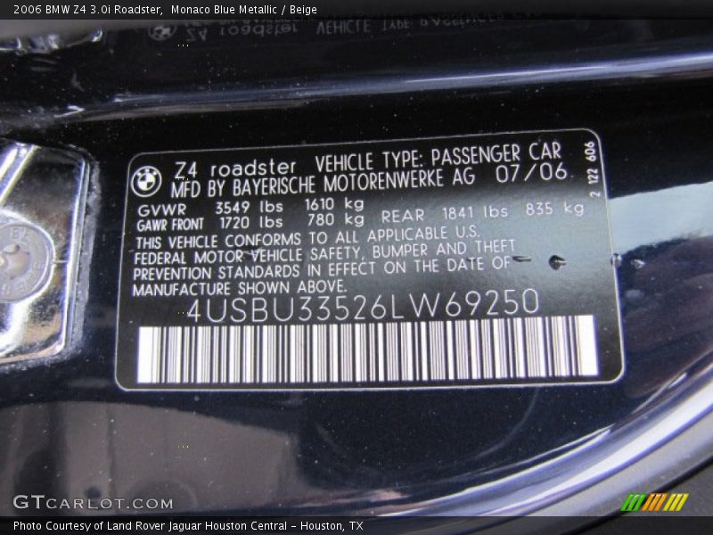 Monaco Blue Metallic / Beige 2006 BMW Z4 3.0i Roadster