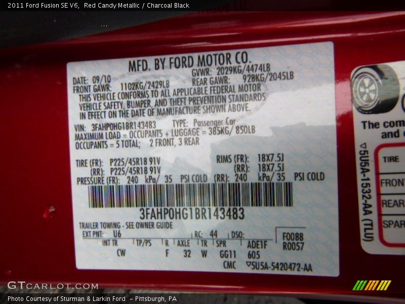 Red Candy Metallic / Charcoal Black 2011 Ford Fusion SE V6