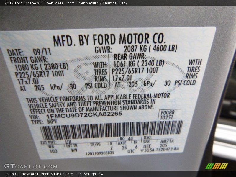 Ingot Silver Metallic / Charcoal Black 2012 Ford Escape XLT Sport AWD