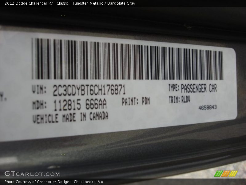 Tungsten Metallic / Dark Slate Gray 2012 Dodge Challenger R/T Classic