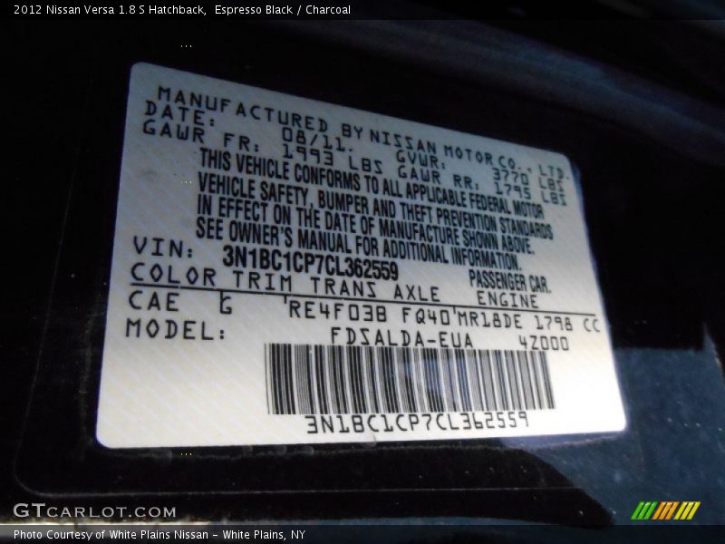 Espresso Black / Charcoal 2012 Nissan Versa 1.8 S Hatchback