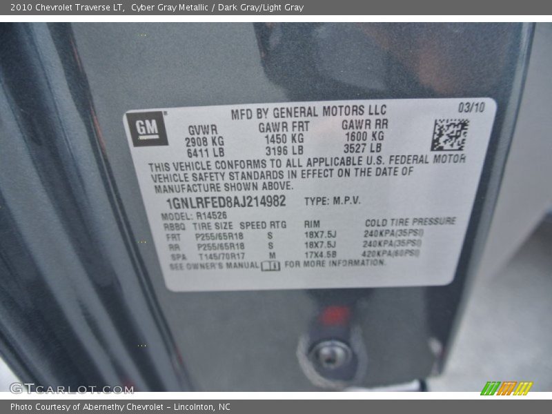 Cyber Gray Metallic / Dark Gray/Light Gray 2010 Chevrolet Traverse LT
