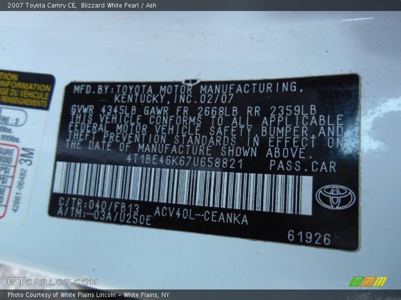 Blizzard White Pearl / Ash 2007 Toyota Camry CE