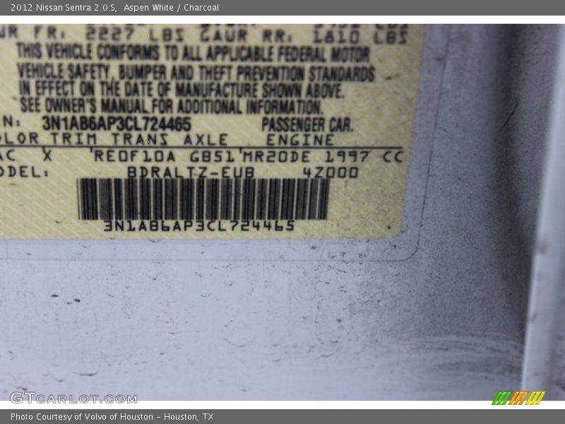 Aspen White / Charcoal 2012 Nissan Sentra 2.0 S