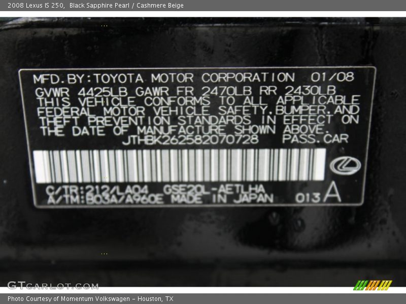 Black Sapphire Pearl / Cashmere Beige 2008 Lexus IS 250