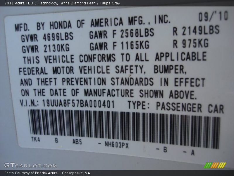 White Diamond Pearl / Taupe Gray 2011 Acura TL 3.5 Technology