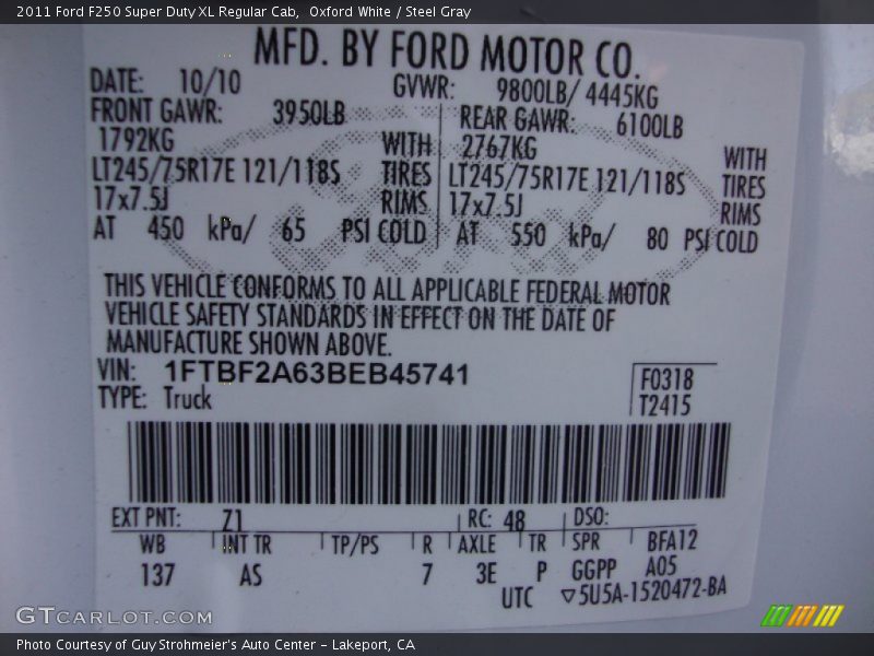 Oxford White / Steel Gray 2011 Ford F250 Super Duty XL Regular Cab