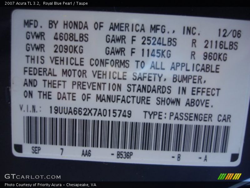 Royal Blue Pearl / Taupe 2007 Acura TL 3.2