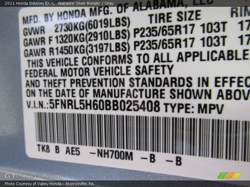 Alabaster Silver Metallic / Gray 2011 Honda Odyssey EX-L