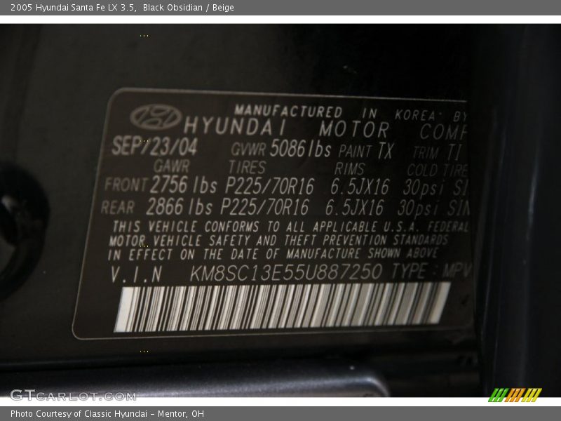 Black Obsidian / Beige 2005 Hyundai Santa Fe LX 3.5