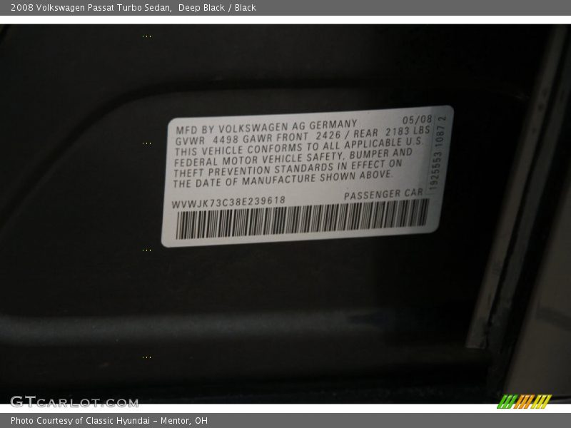Deep Black / Black 2008 Volkswagen Passat Turbo Sedan