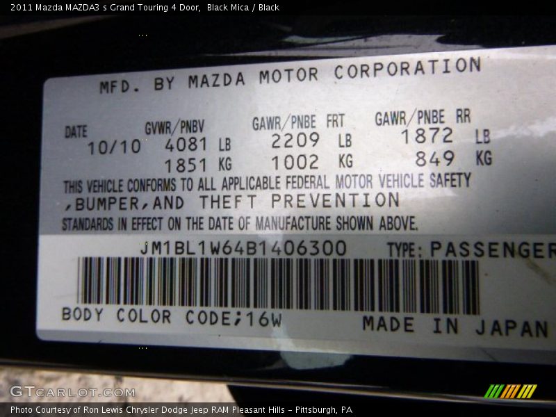 2011 MAZDA3 s Grand Touring 4 Door Black Mica Color Code 16W