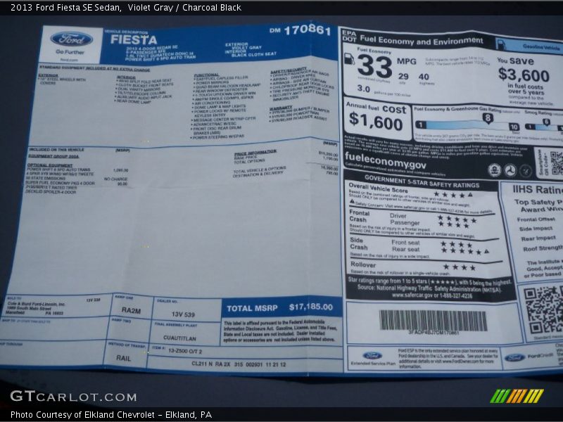  2013 Fiesta SE Sedan Window Sticker