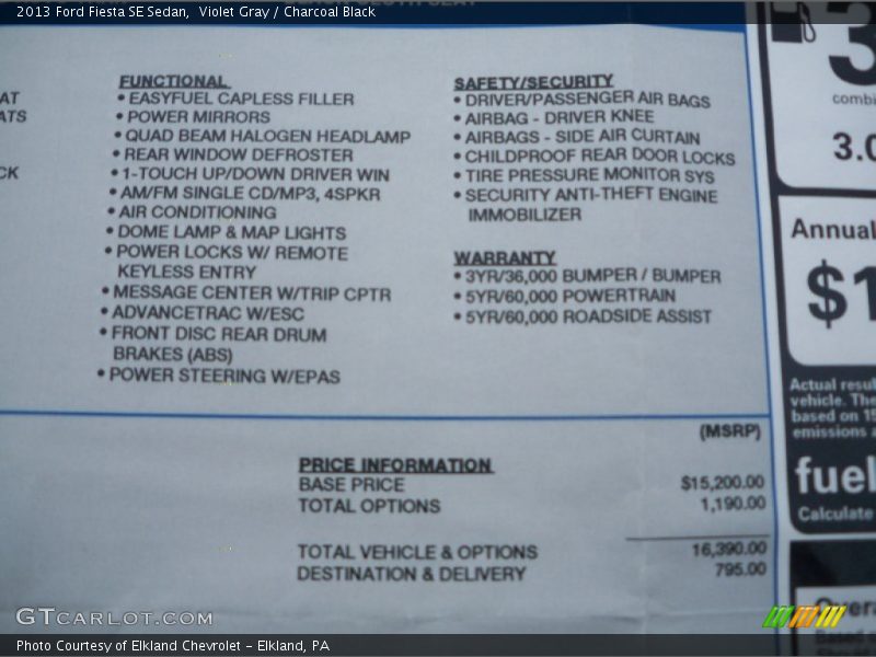  2013 Fiesta SE Sedan Window Sticker