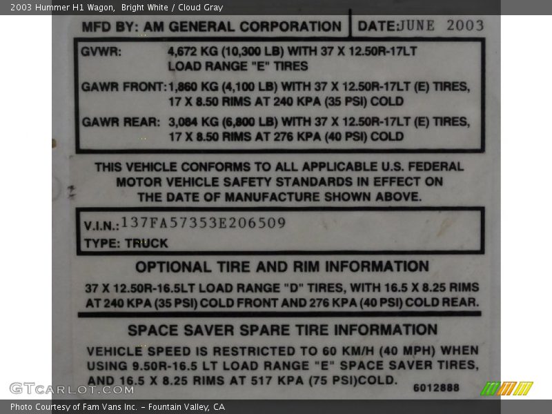 Info Tag of 2003 H1 Wagon