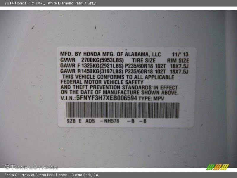 White Diamond Pearl / Gray 2014 Honda Pilot EX-L