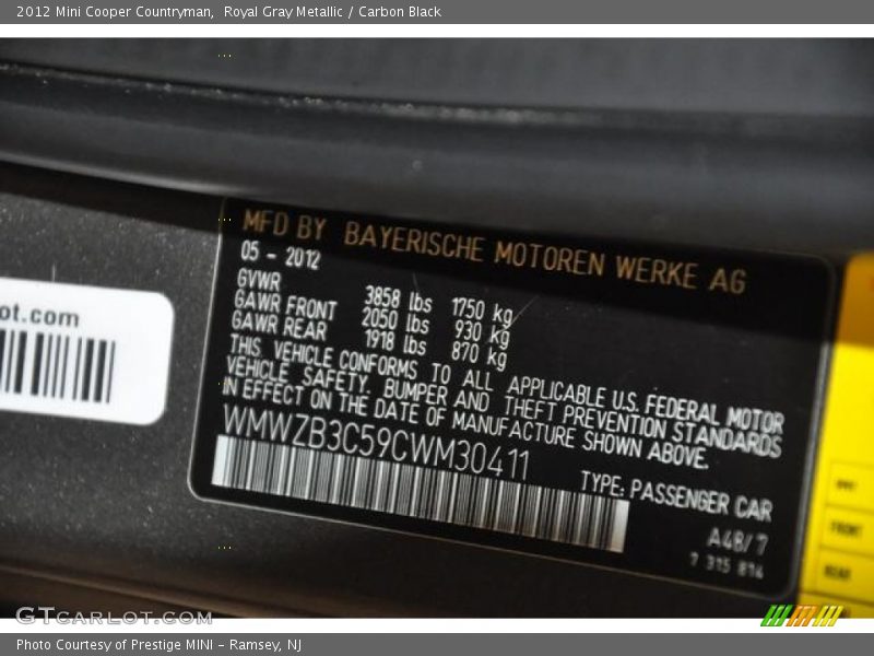 Royal Gray Metallic / Carbon Black 2012 Mini Cooper Countryman