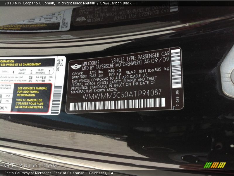 Midnight Black Metallic / Grey/Carbon Black 2010 Mini Cooper S Clubman