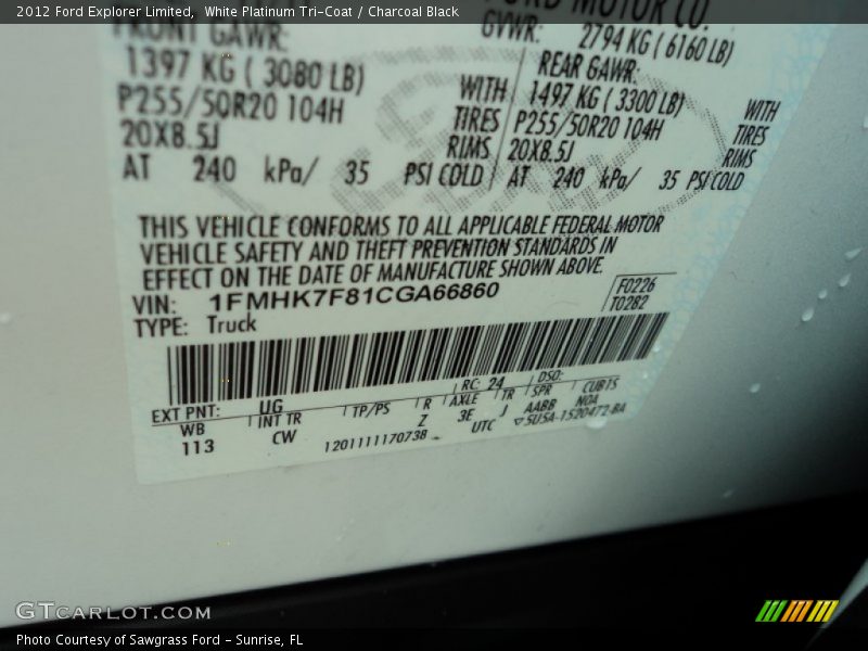 White Platinum Tri-Coat / Charcoal Black 2012 Ford Explorer Limited